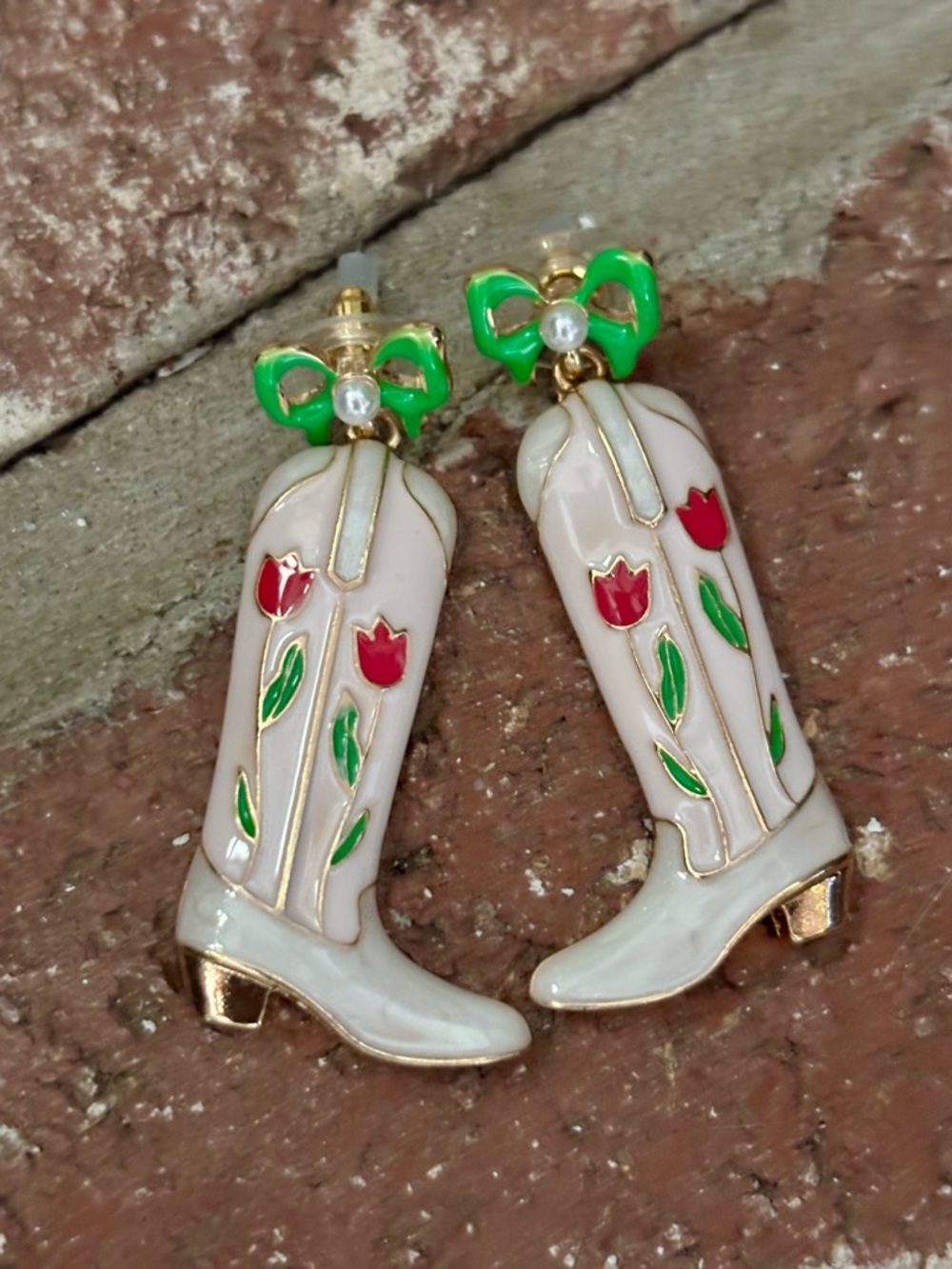 White Enamel Cowboy Boot Earrings with Green Bow
